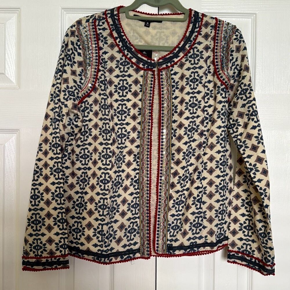 Indigo Moon Tan and Blue Patterned, Embellished Jacket, Size M, NWT - Picture 2 of 13